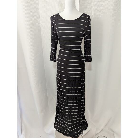JOAN VASS! ULTRA MAXI STRETCH T-SHIRTING BLACK & GRAY STRIPED L/S DRESS! SZ M - Picture 2 of 11
